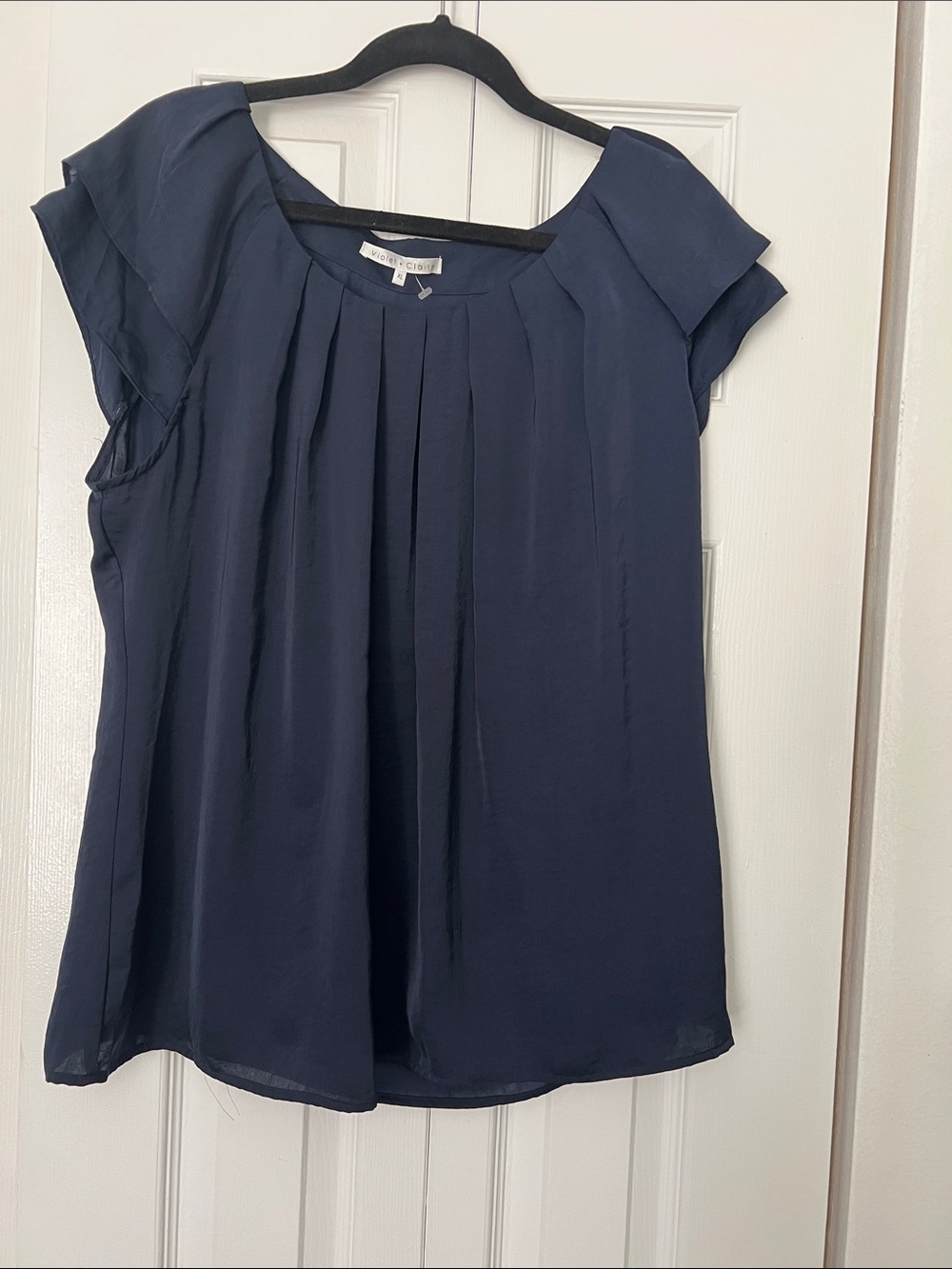 Violet & Claire Navy Pleated Cap-Sleeve Blouse